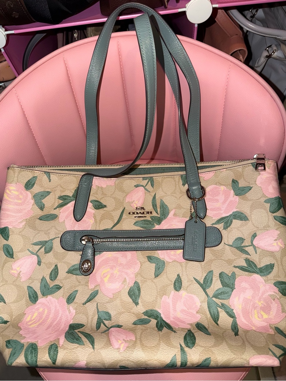 Coach Floral Print Tote Bag in Pink and Green